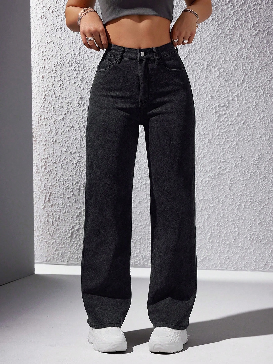 

NUCOUTHS Women Cotton Comfort Wide Leg Stretchable Jeans, Black