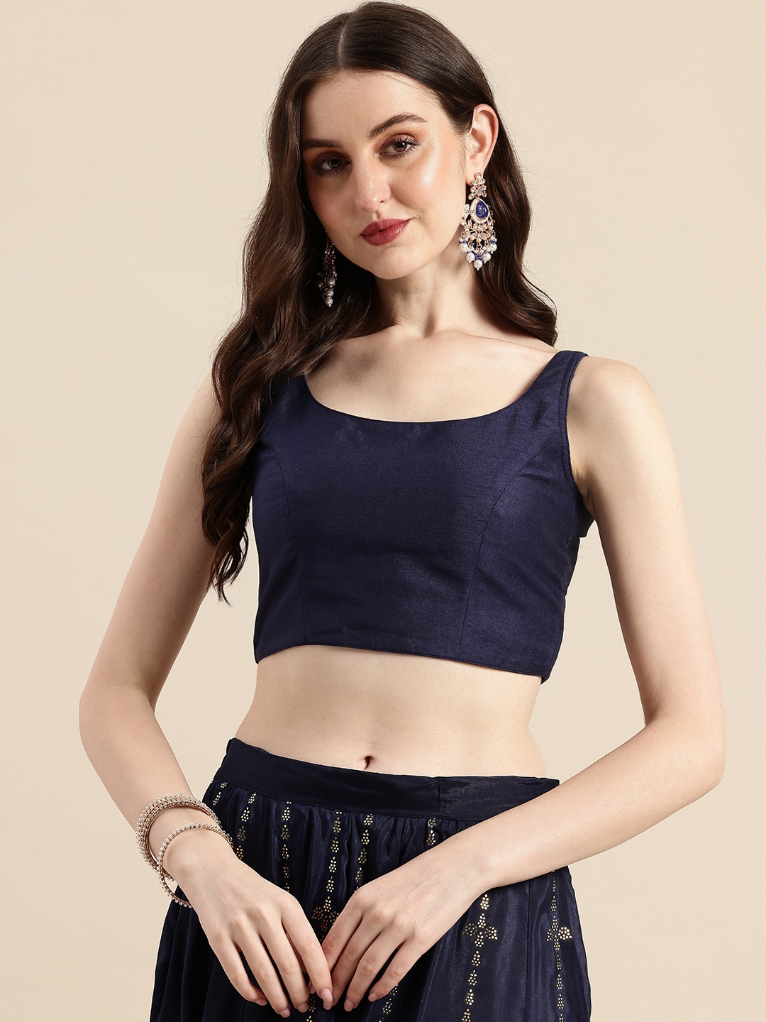 

Ethnovog Solid Padded Ready To Wear Dupion Silk Saree Blouse, Navy blue