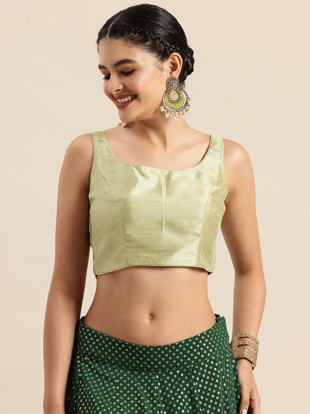 

Ethnovog Solid Padded Ready To Wear Dupion Silk Saree Blouse, Green