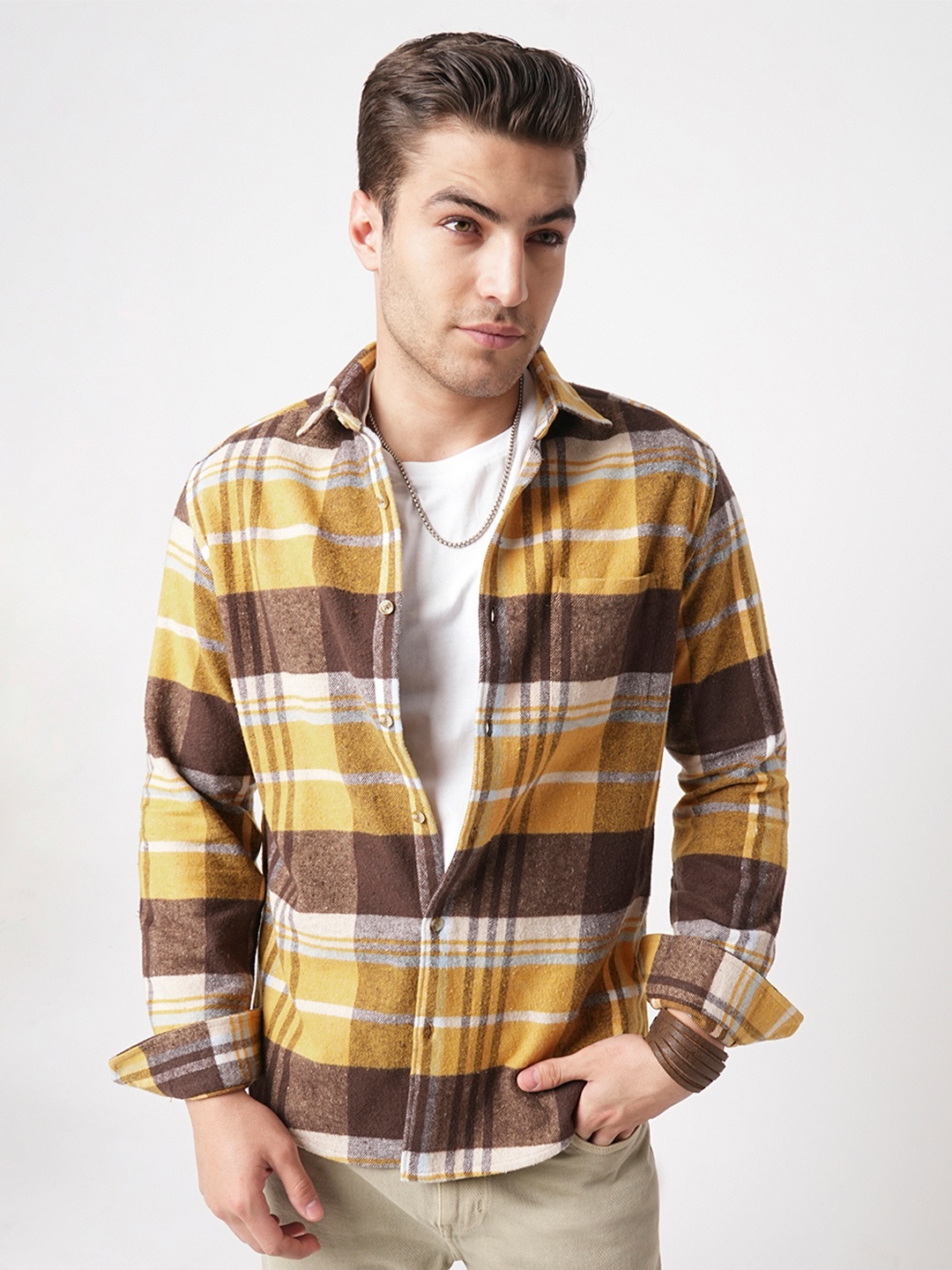 

VASTRADO Men Classic Slim Fit Opaque Checked Casual Shirt, Mustard