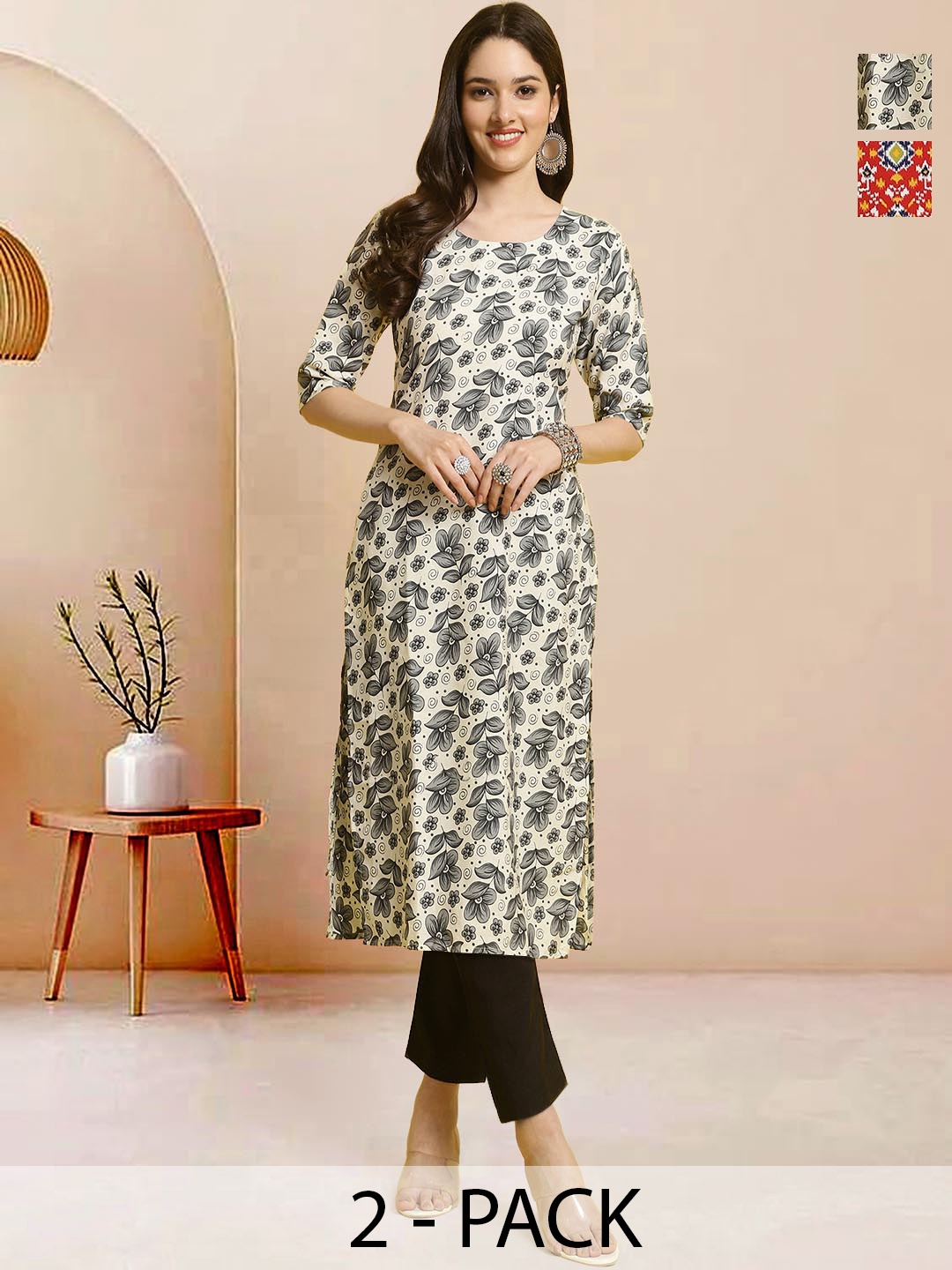 

Moda Rapido Pack of 2 Printed Straight Kurta with Trousers, Cream