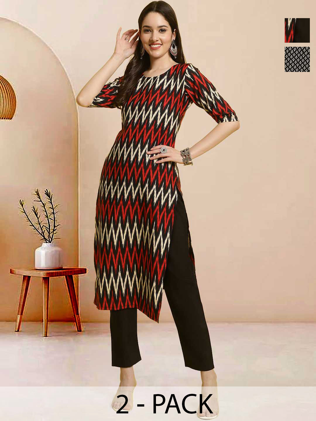 

Moda Rapido Pack of 2 Printed Straight Kurta with Trousers, Black
