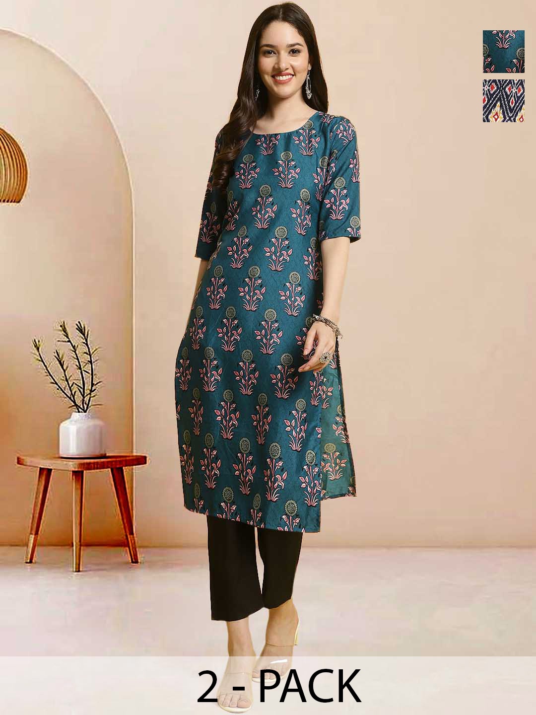 

Moda Rapido Pack of 2 Printed Straight Kurta with Trousers, Blue