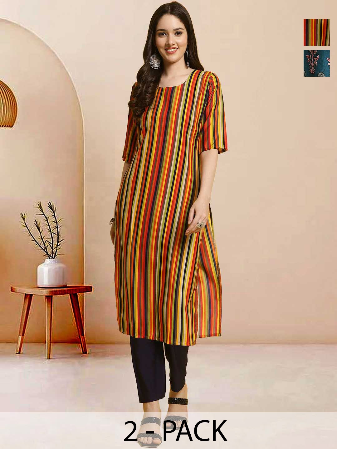 

Moda Rapido Pack of 2 Printed Straight Kurta with Trousers, Yellow