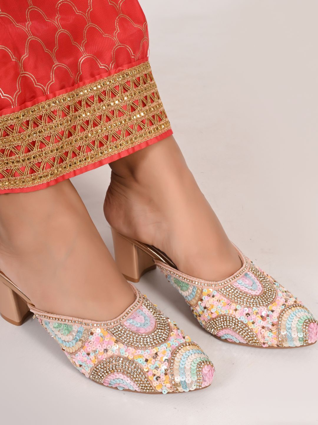 

San Marino by Shoe Bank Women Embellished Pastel Block Heels Mules, Gold