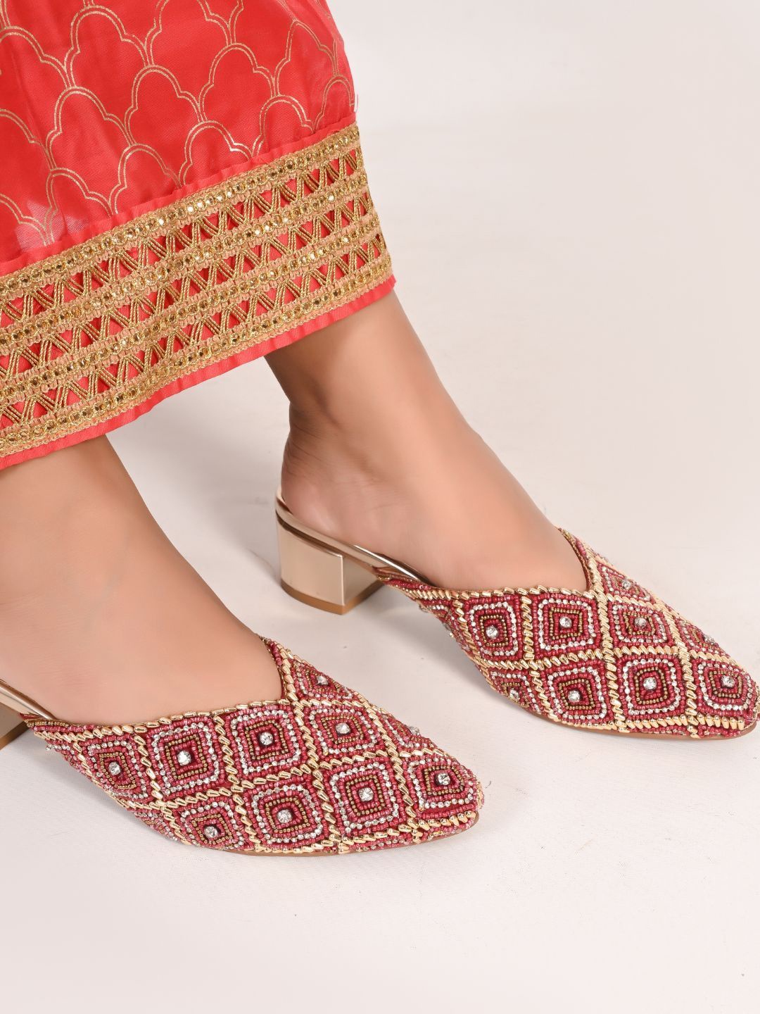 

San Marino by Shoe Bank Women Embellished Block Heel Mules, Maroon