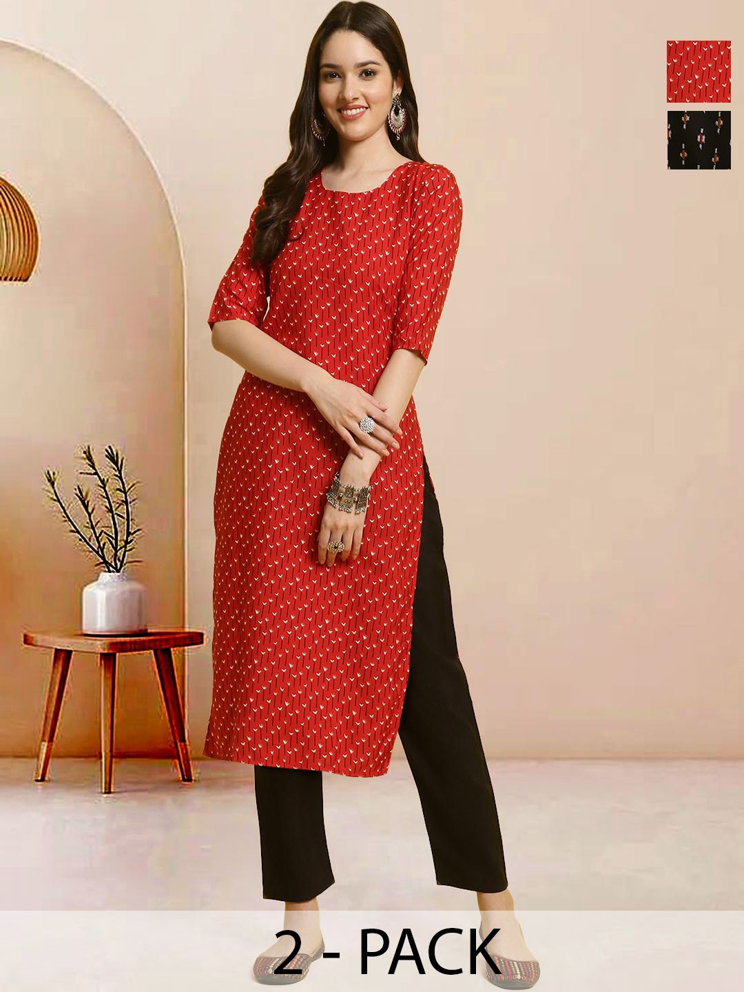 

Moda Rapido Pack of 2 Printed Straight Kurta with Trousers, Red