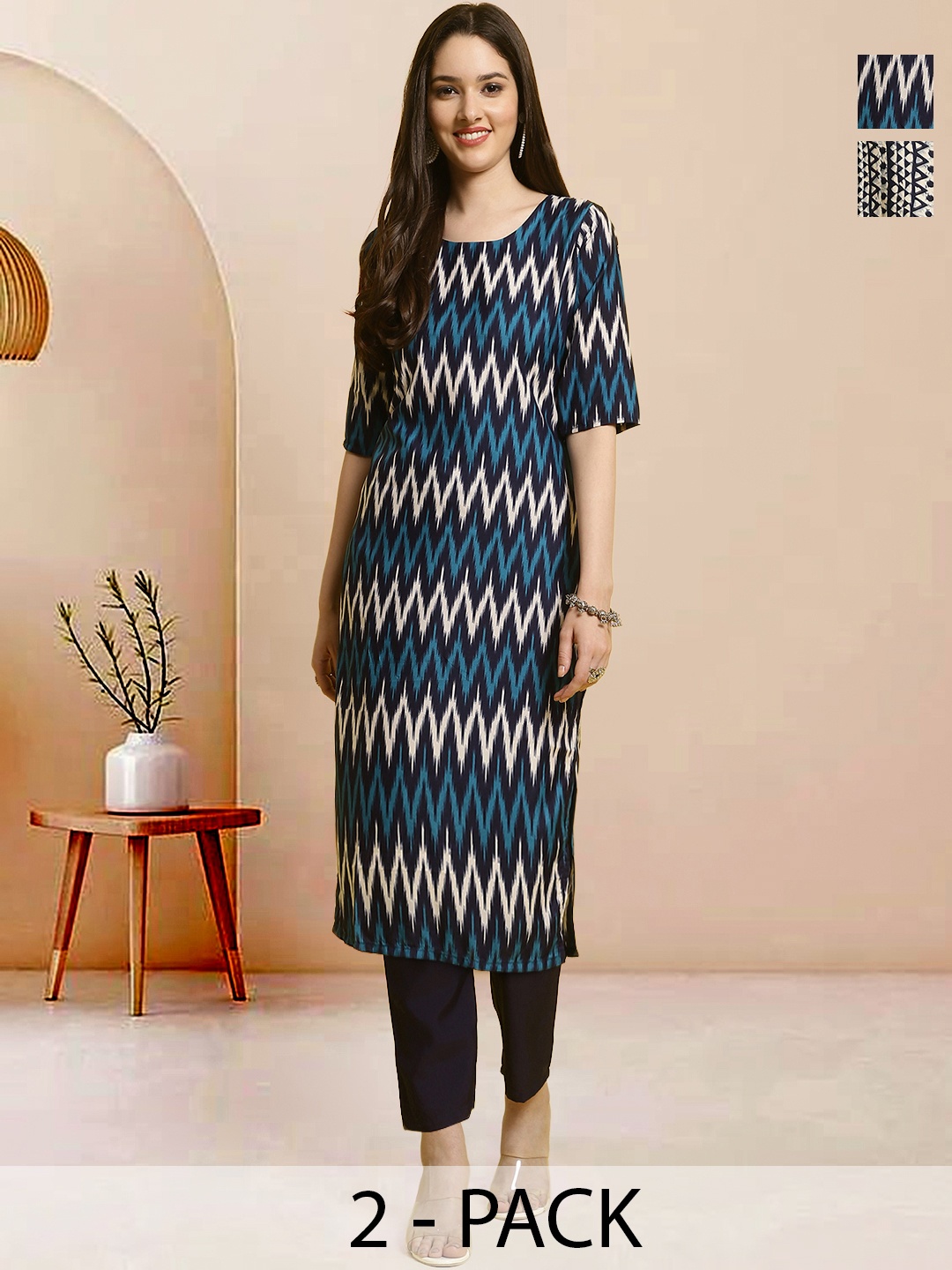 

Moda Rapido Pack of 2 Printed Straight Kurta with Trousers, Navy blue