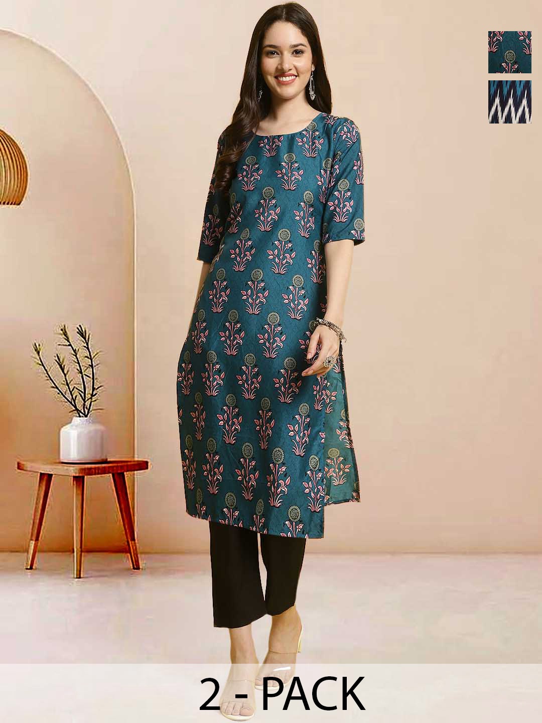 

Moda Rapido Pack of 2 Printed Straight Kurta with Trousers, Blue