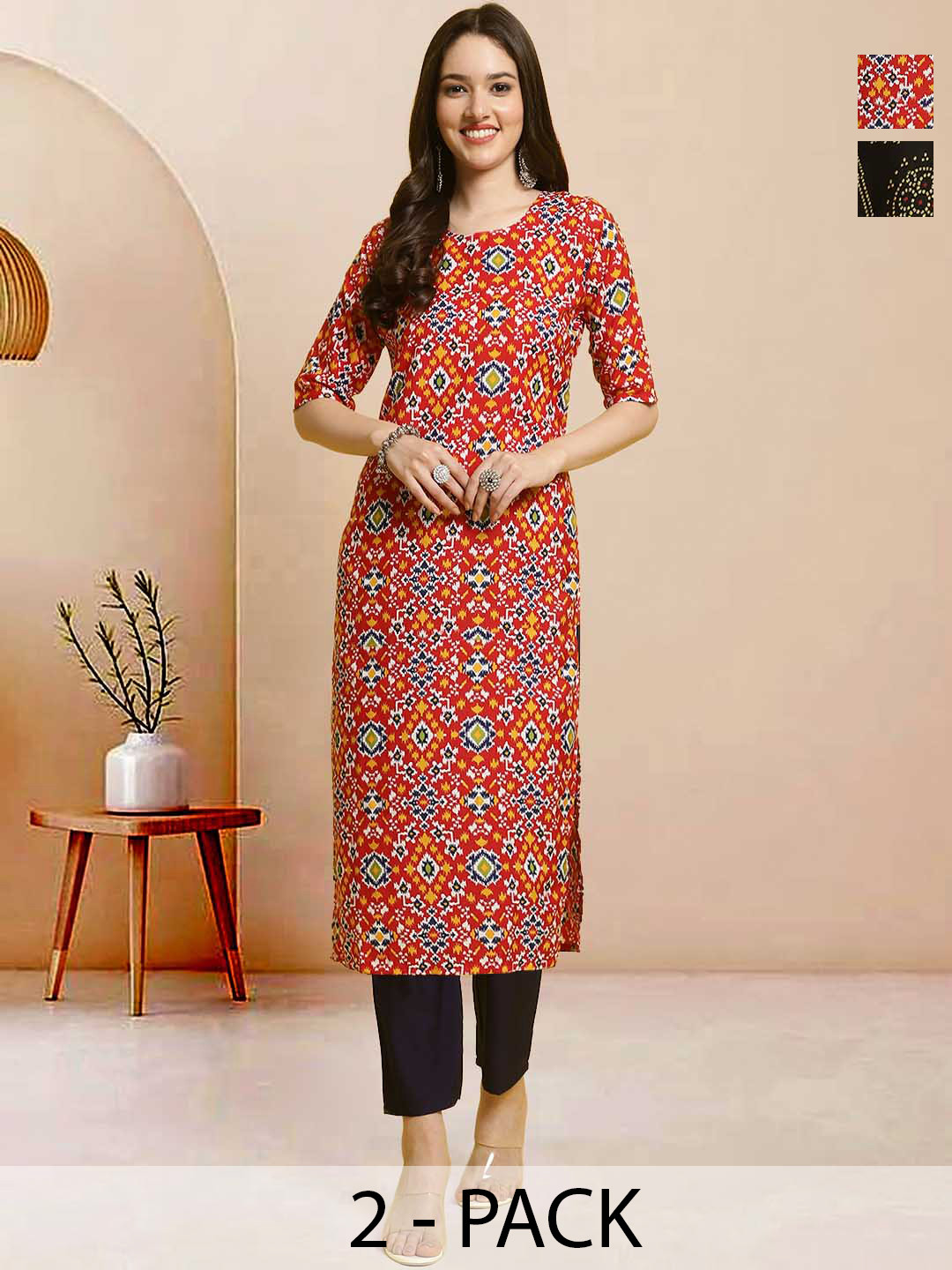 

Moda Rapido Pack of 2 Printed Straight Kurta with Trousers, Red