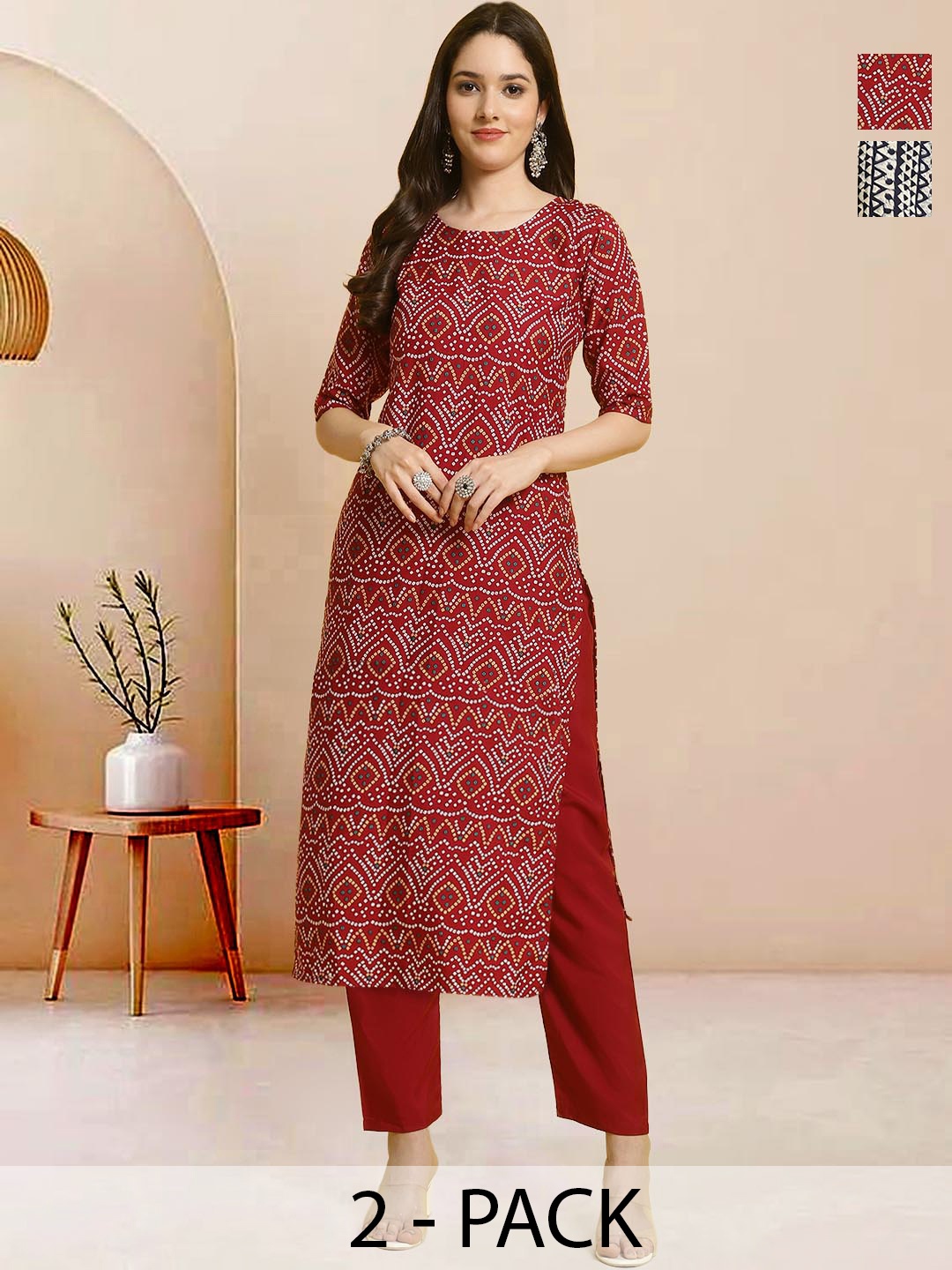 

Moda Rapido Pack of 2 Printed Straight Kurta with Trousers, Red