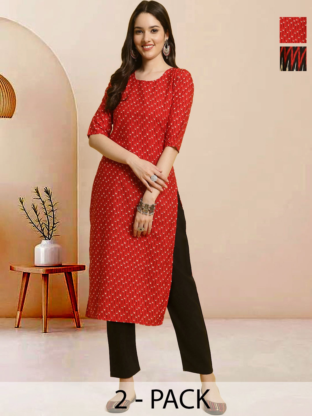

Moda Rapido Pack of 2 Printed Straight Kurta with Trousers, Red