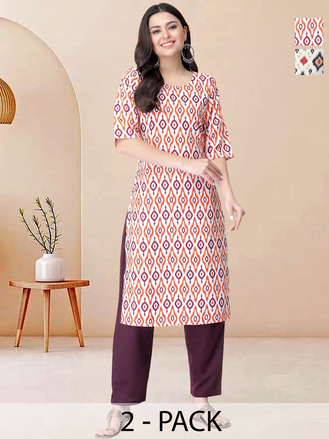 

Moda Rapido Pack of 2 Printed Straight Kurta with Trousers, Purple