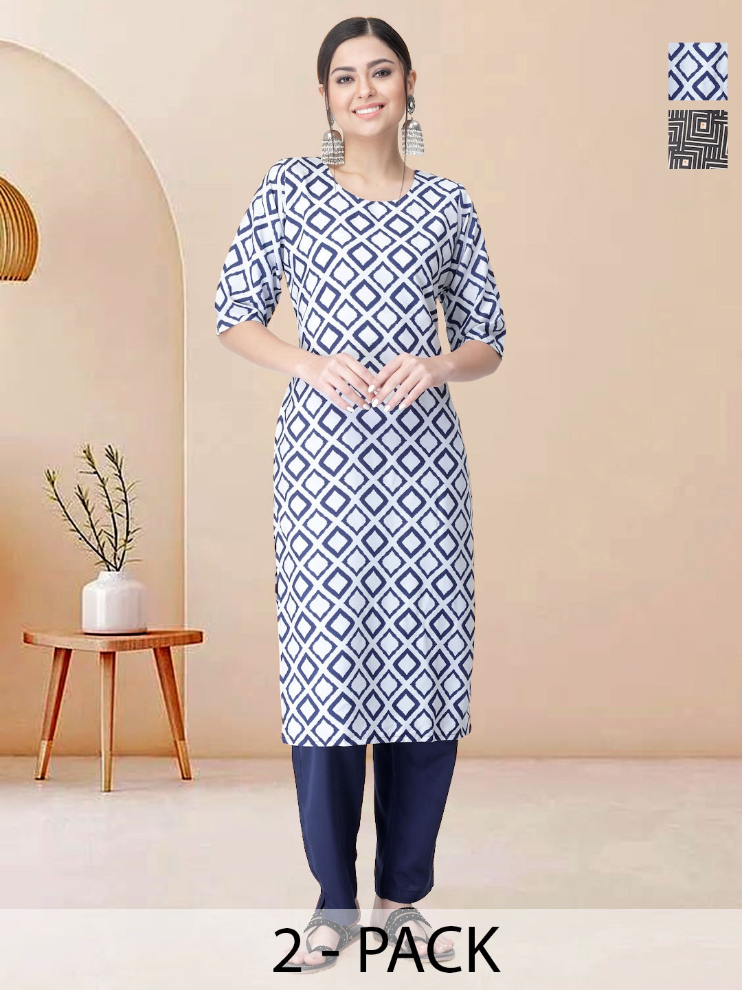 

Moda Rapido Pack of 2 Printed Straight Kurta with Trousers, White