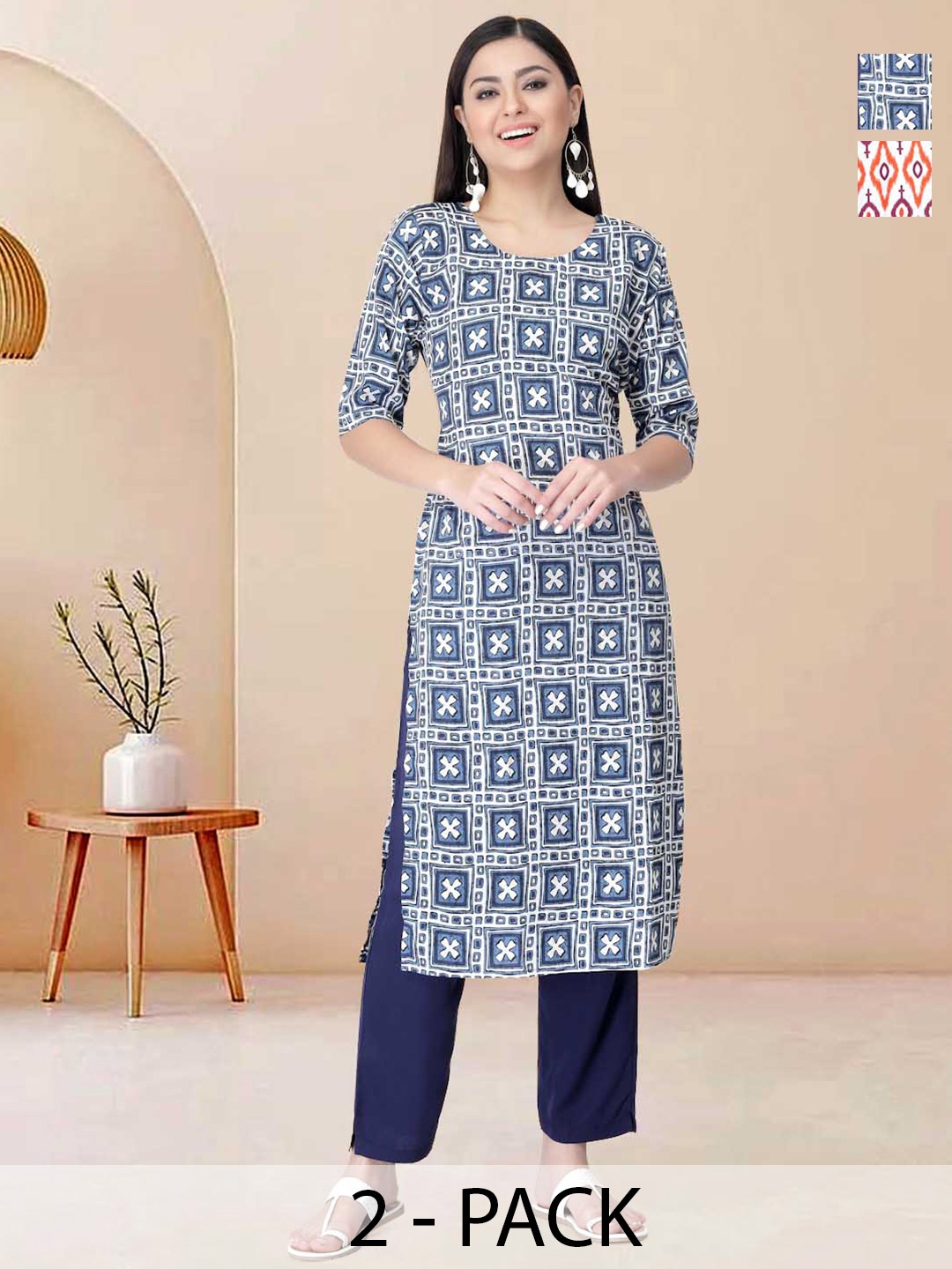 

Moda Rapido Pack of 2 Printed Straight Kurta with Trousers, Blue