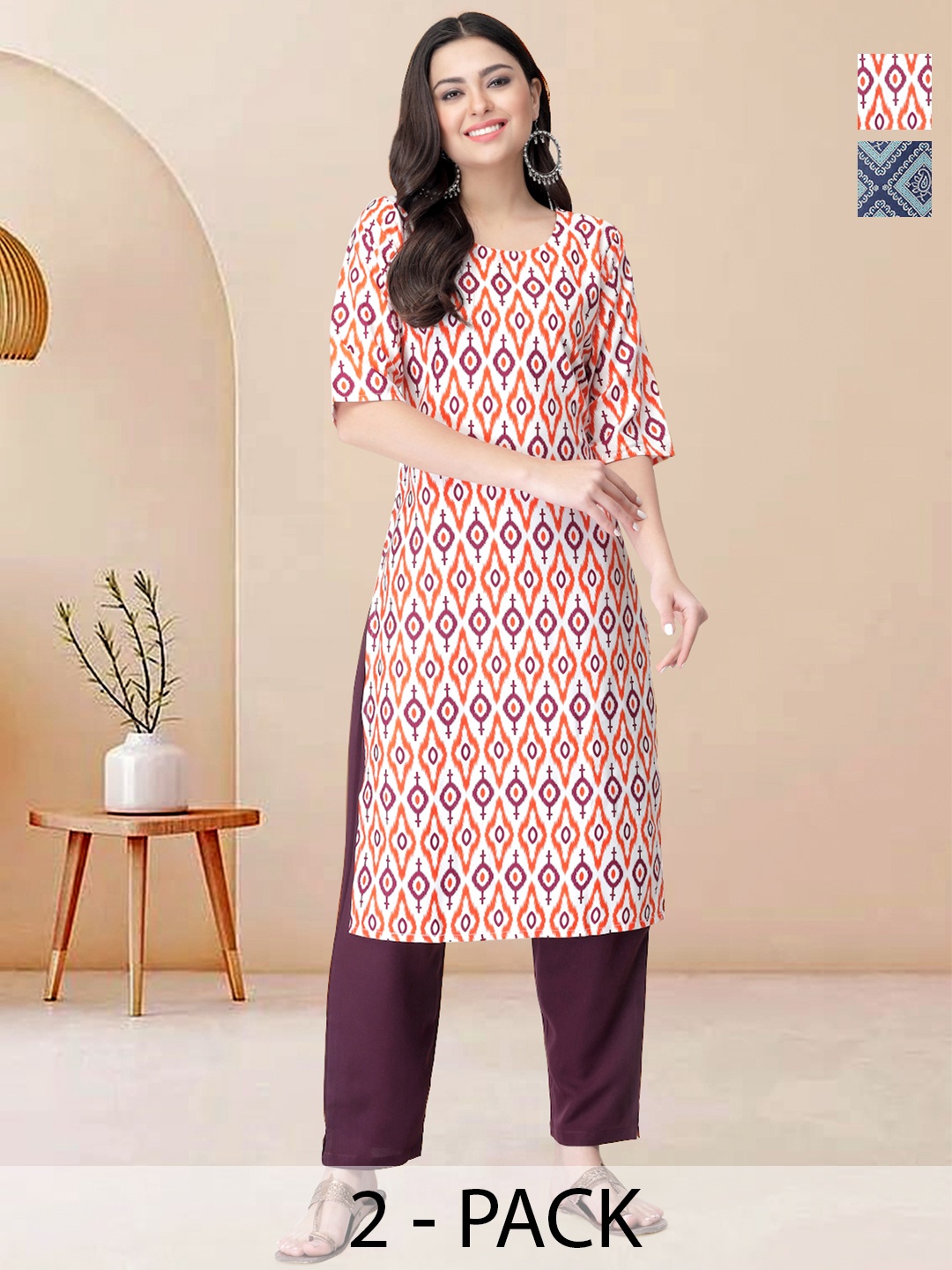 

Moda Rapido Pack of 2 Printed Straight Kurta with Trousers, White