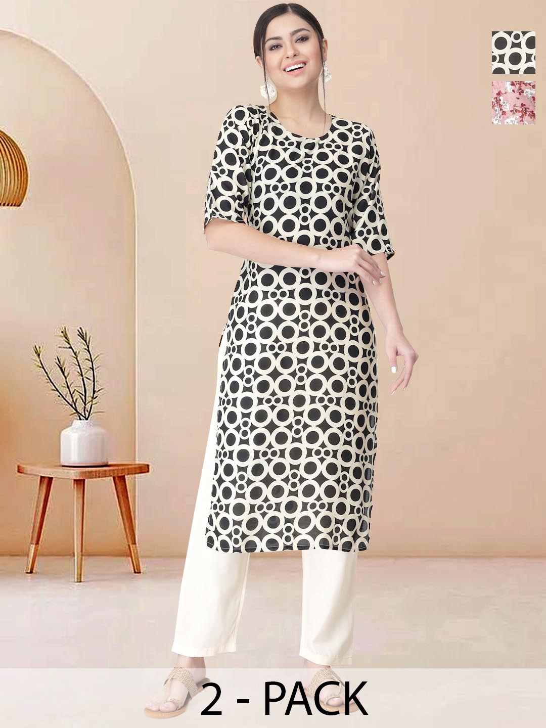 

Moda Rapido Pack of 2 Printed Straight Kurta with Trousers, White
