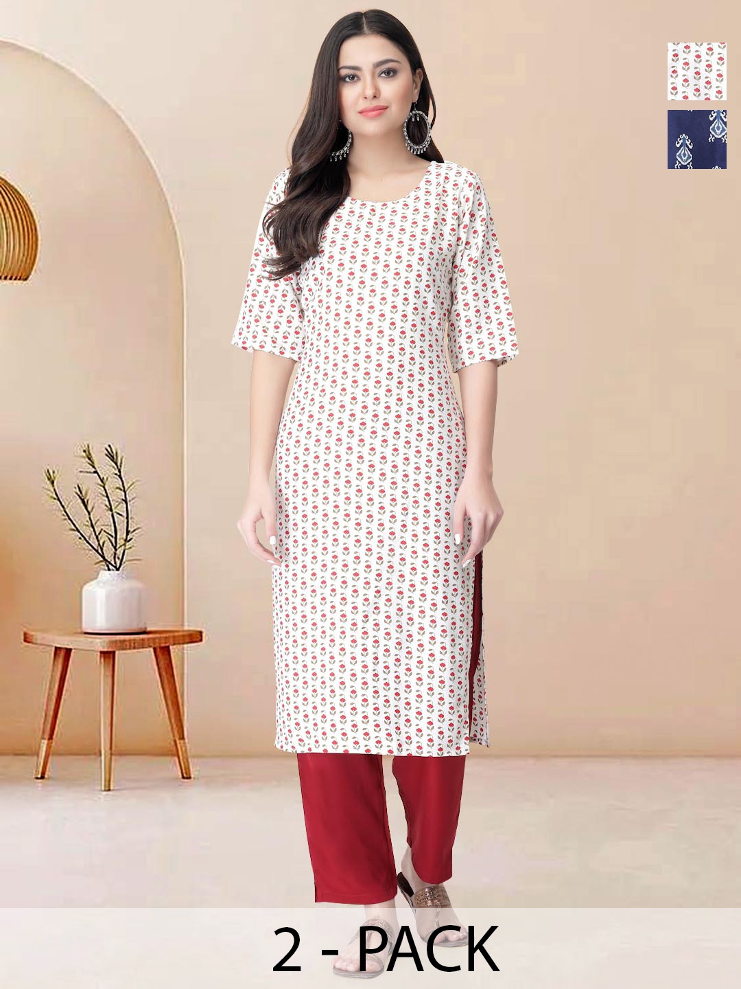 

Moda Rapido Pack of 2 Printed Straight Kurta with Trousers, White