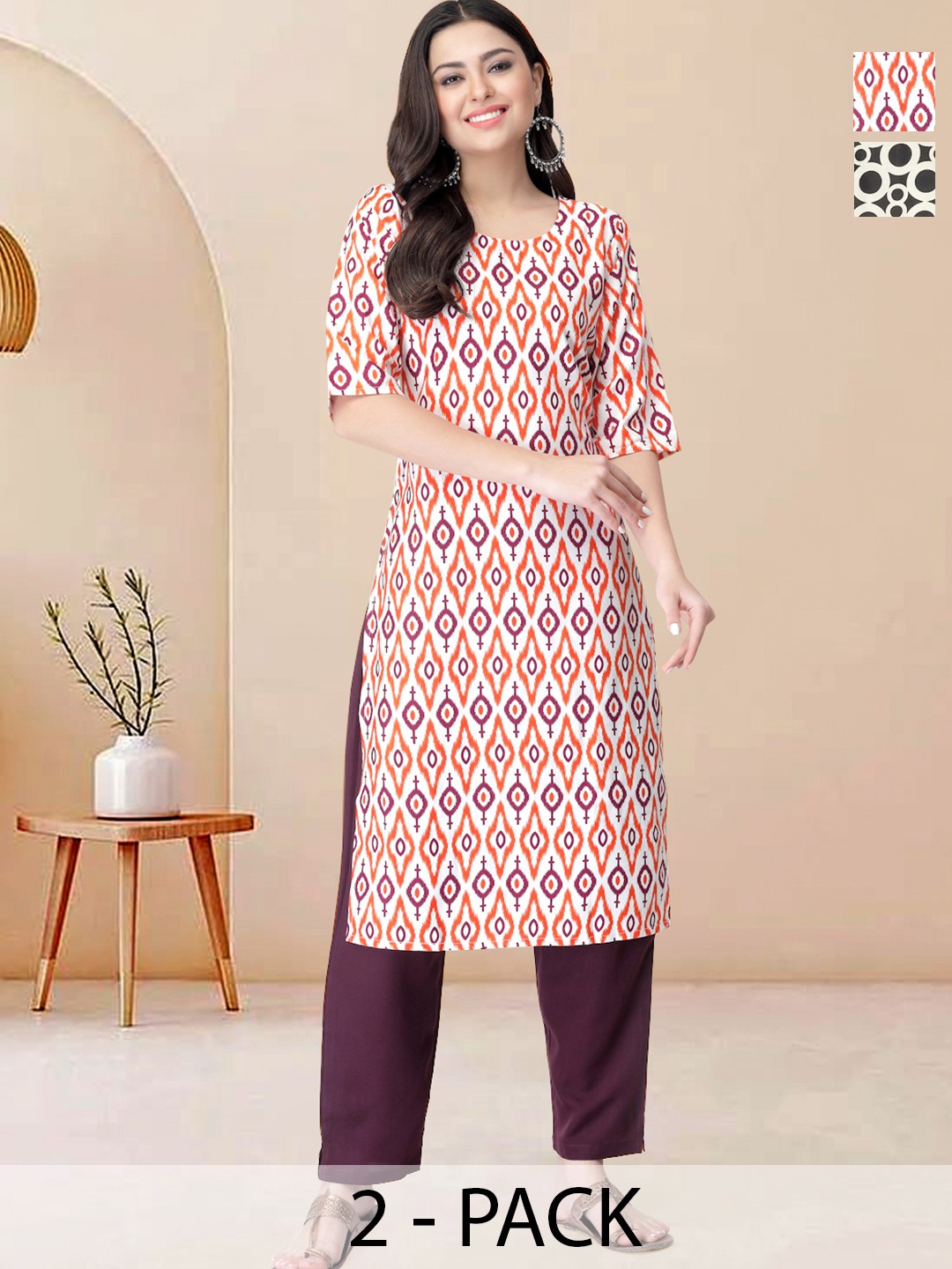 

Moda Rapido Pack of 2 Printed Straight Kurta with Trousers, White