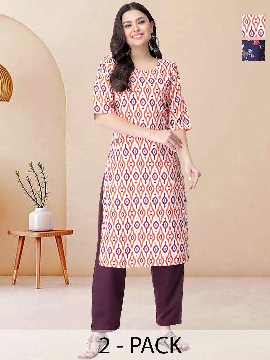 

Moda Rapido Pack of 2 Printed Straight Kurta with Trousers, White