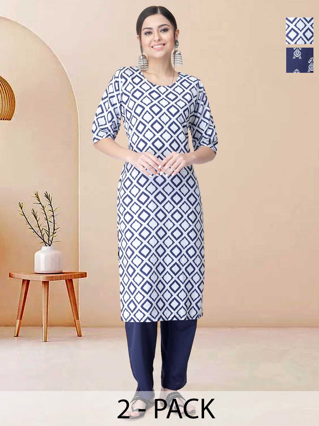 

Moda Rapido Pack of 2 Printed Straight Kurta with Trousers, Blue