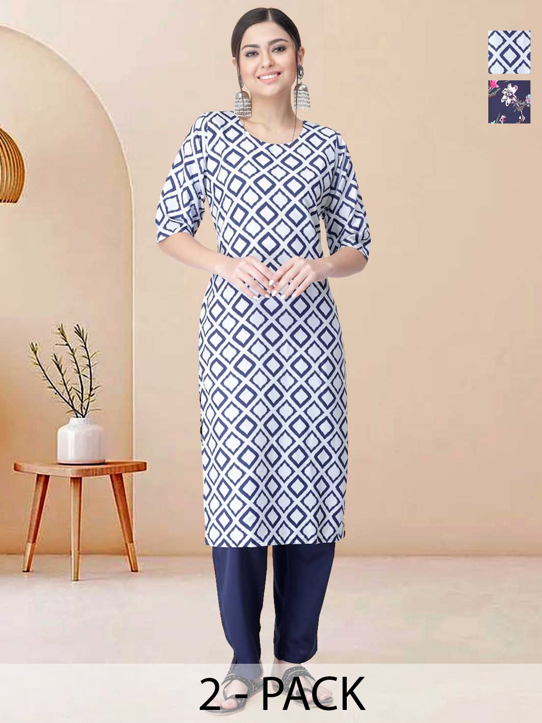 

Moda Rapido Pack of 2 Printed Straight Kurta with Trousers, Blue