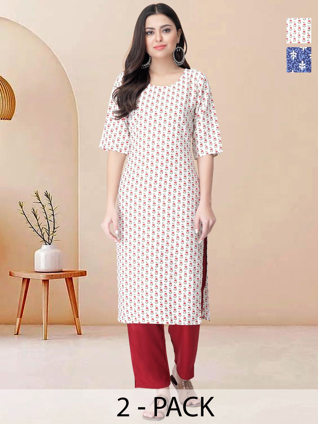 

Moda Rapido Pack of 2 Printed Straight Kurta with Trousers, White