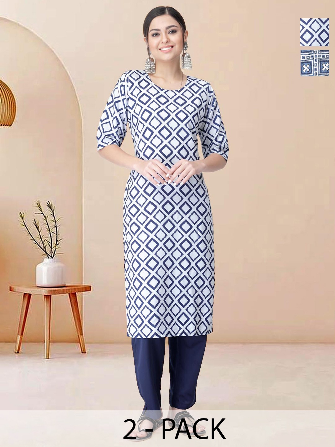 

Moda Rapido Pack of 2 Printed Straight Kurta with Trousers, White
