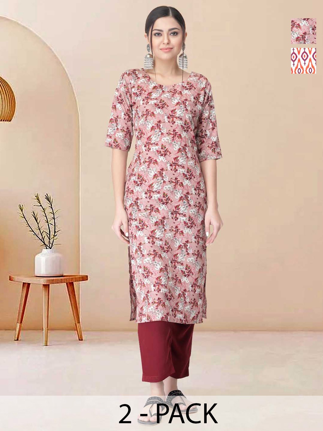 

Moda Rapido Pack of 2 Printed Straight Kurta with Trousers, Brown