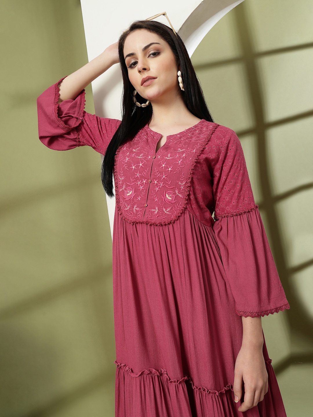 

Nayam By Lakshita Women Solid Embroidered Rayon Tiered Dress, Pink