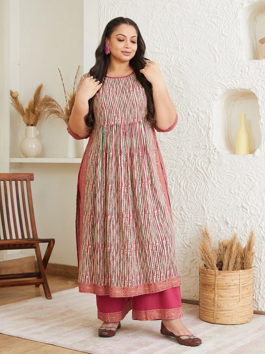 

Shape of me by Rustorange Striped Pleated Straight Kurta with Palazzos, Peach