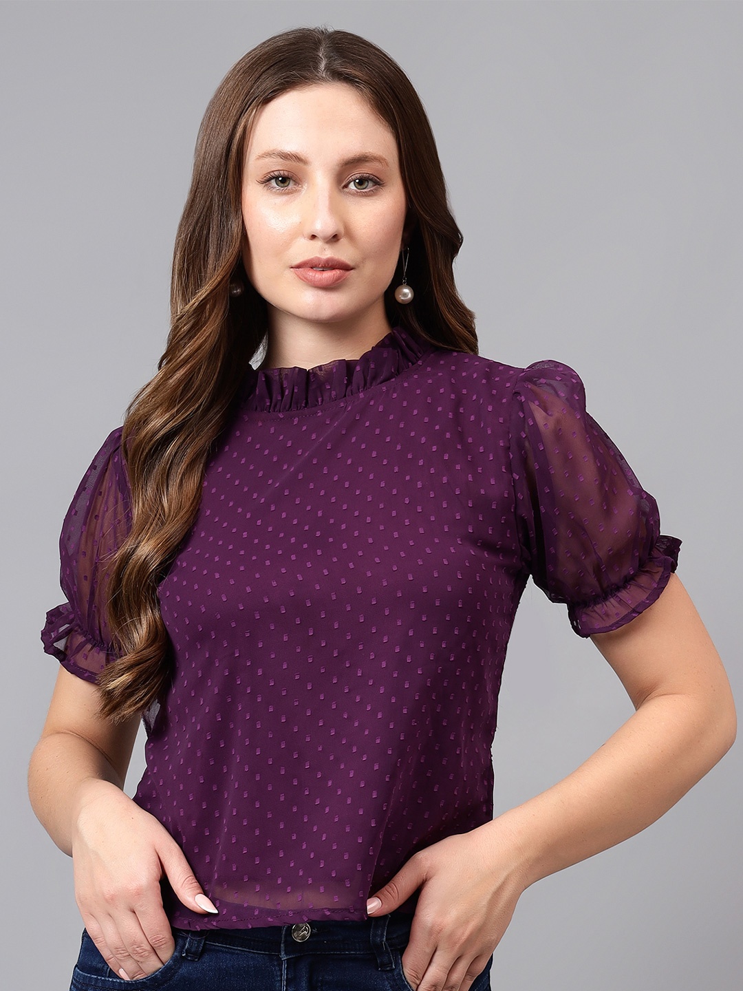 

Bright Nex Women Puff Sleeve Ruffles Georgette Top, Purple