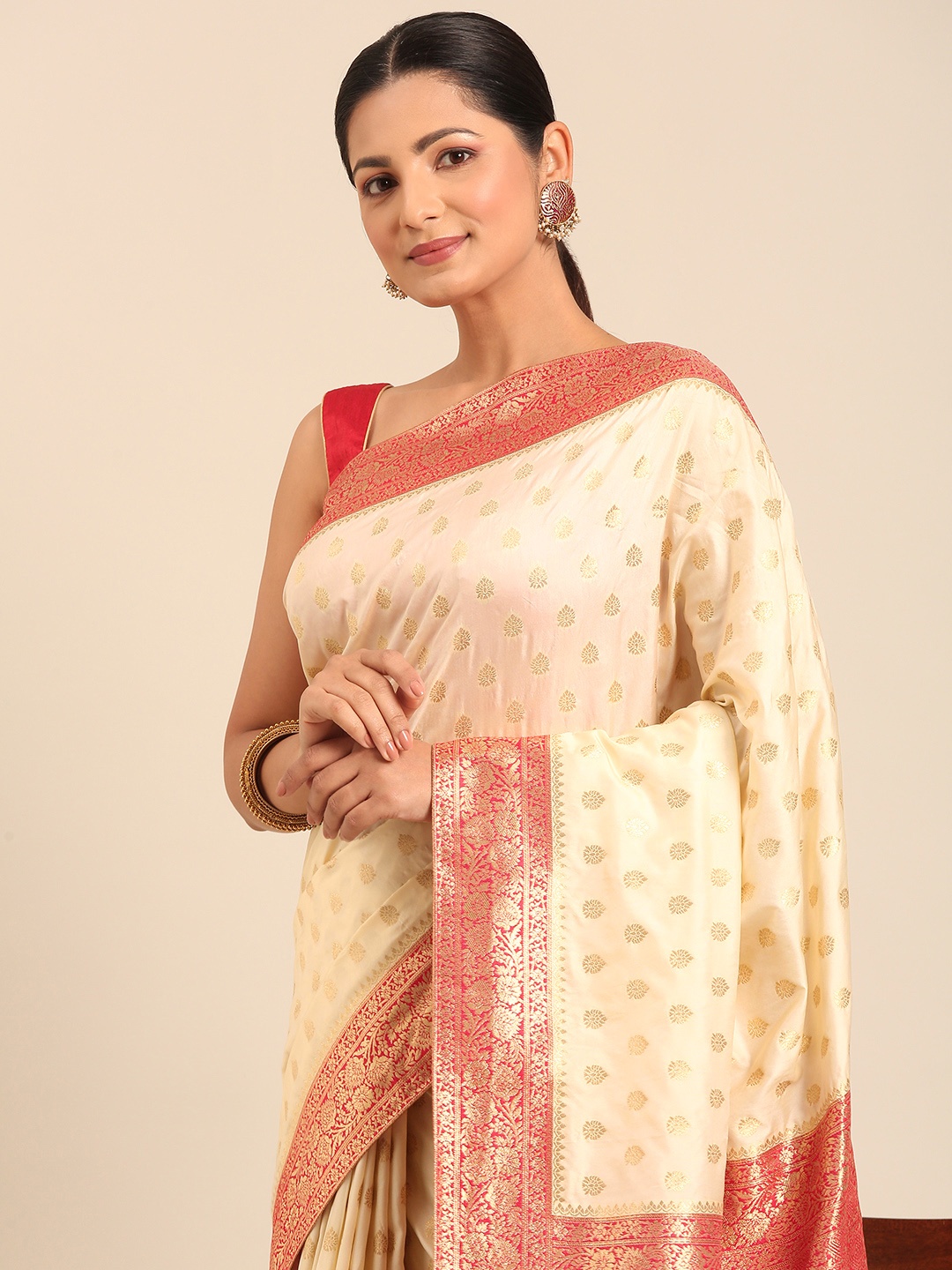 

MOHEY Ethnic Motifs Woven Design Zari Saree, Cream