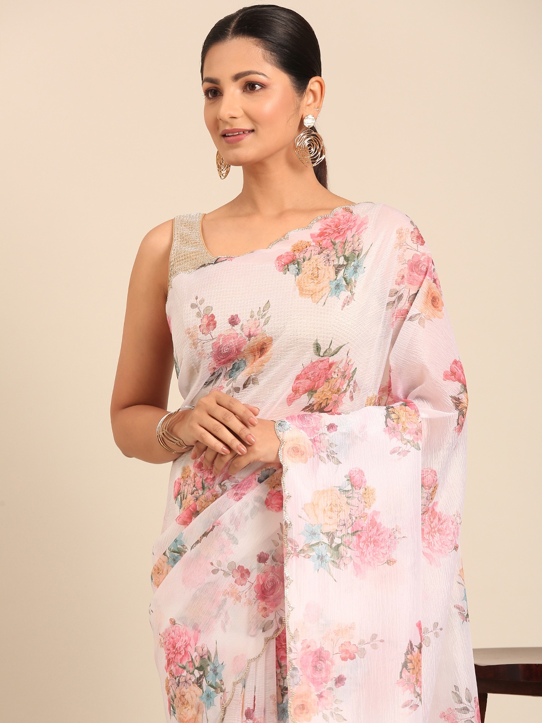 

MOHEY Floral Printed Beads and Stones Embellished Pure Chiffon Saree, Off white