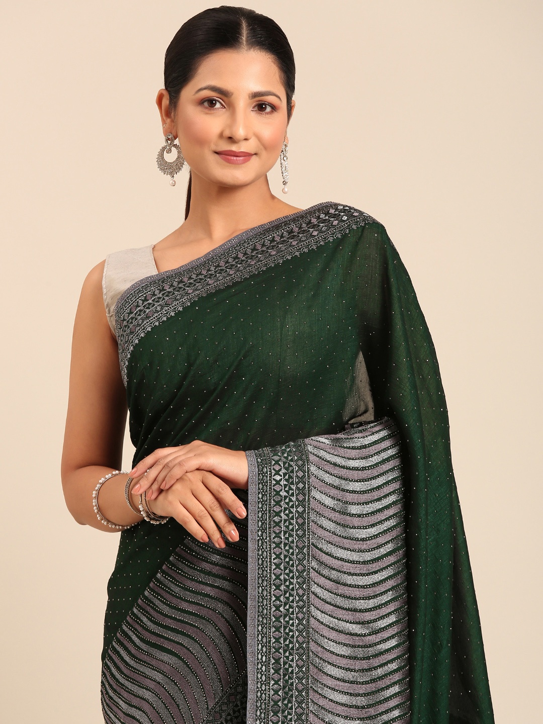 

MOHEY Embellished Beads & Stones Saree, Green