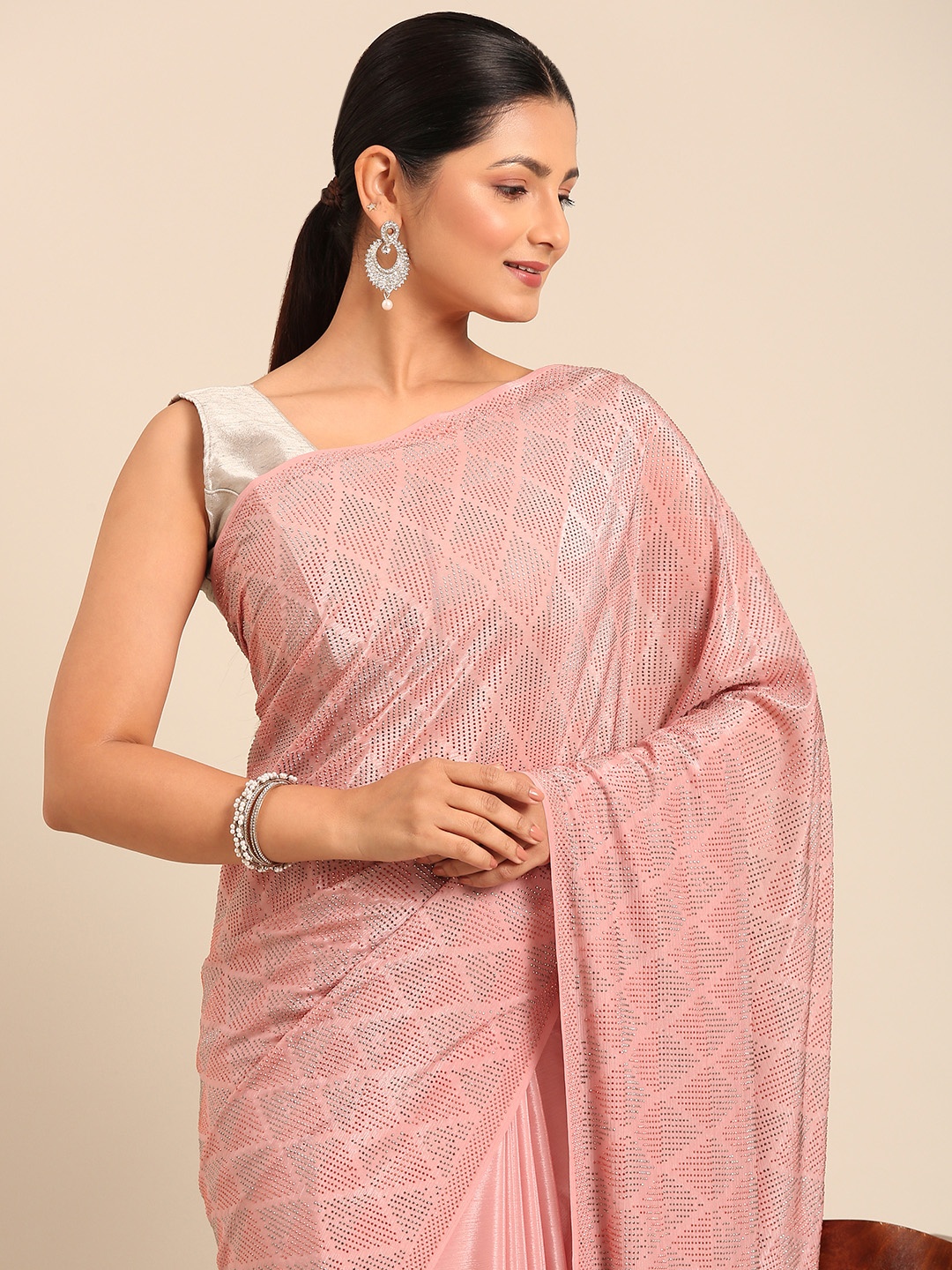 

MOHEY Embellished Beads and Stones Pure Chiffon Saree, Peach