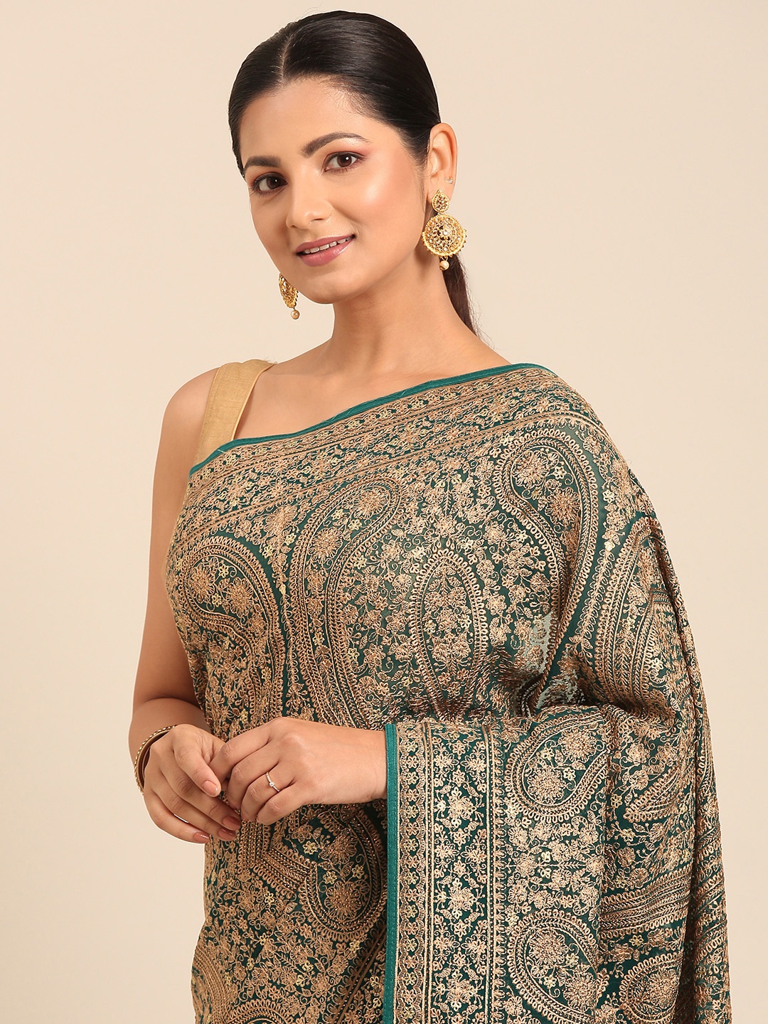 

MOHEY Paisley Zari Pure Georgette Heavy Work Saree, Green