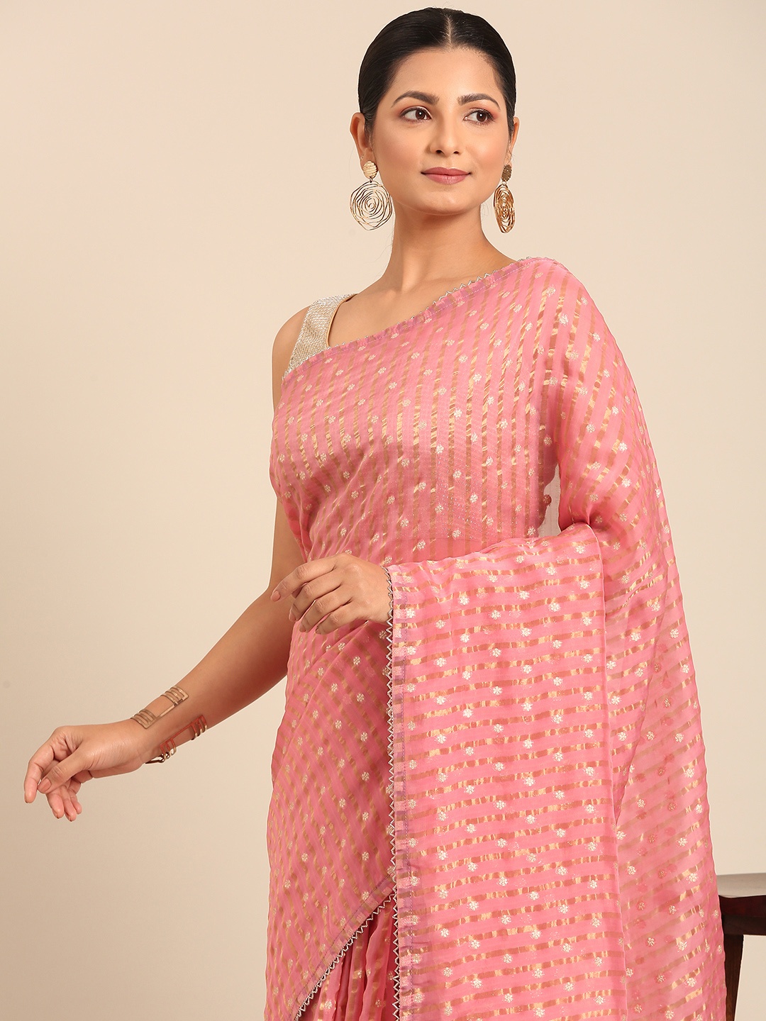 

MOHEY Floral Woven Design Striped Saree, Pink