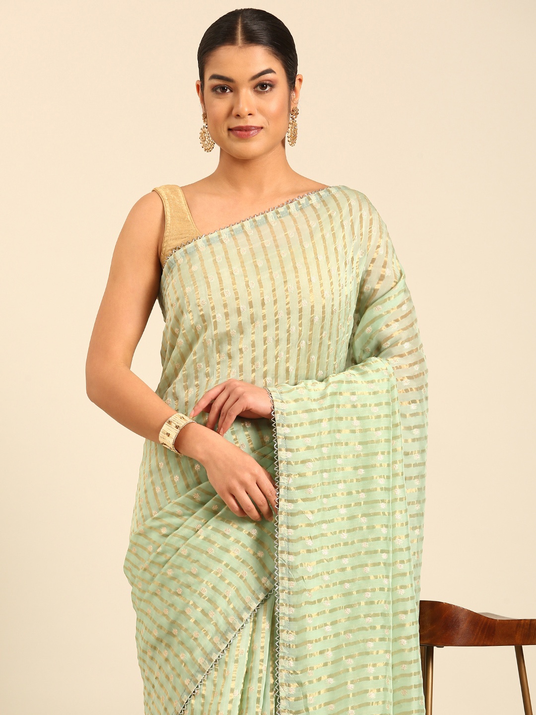

MOHEY Striped Woven Design Gotta Patti Saree, Green