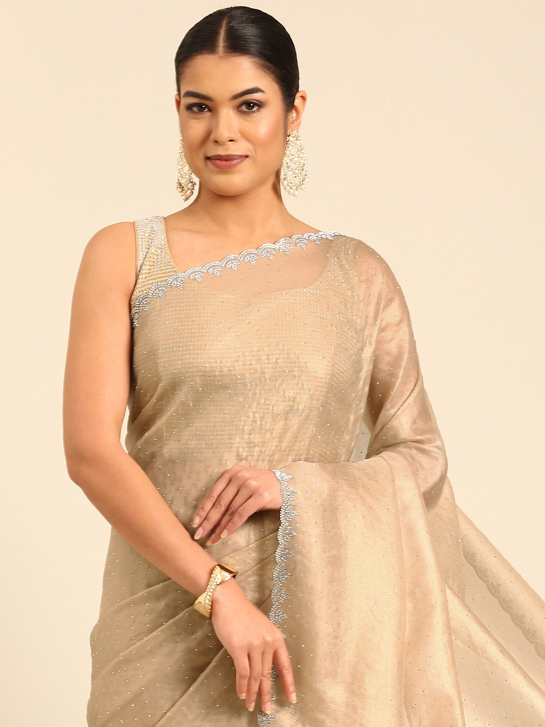 

MOHEY Embellished Beads & Stones Organza Saree, Beige