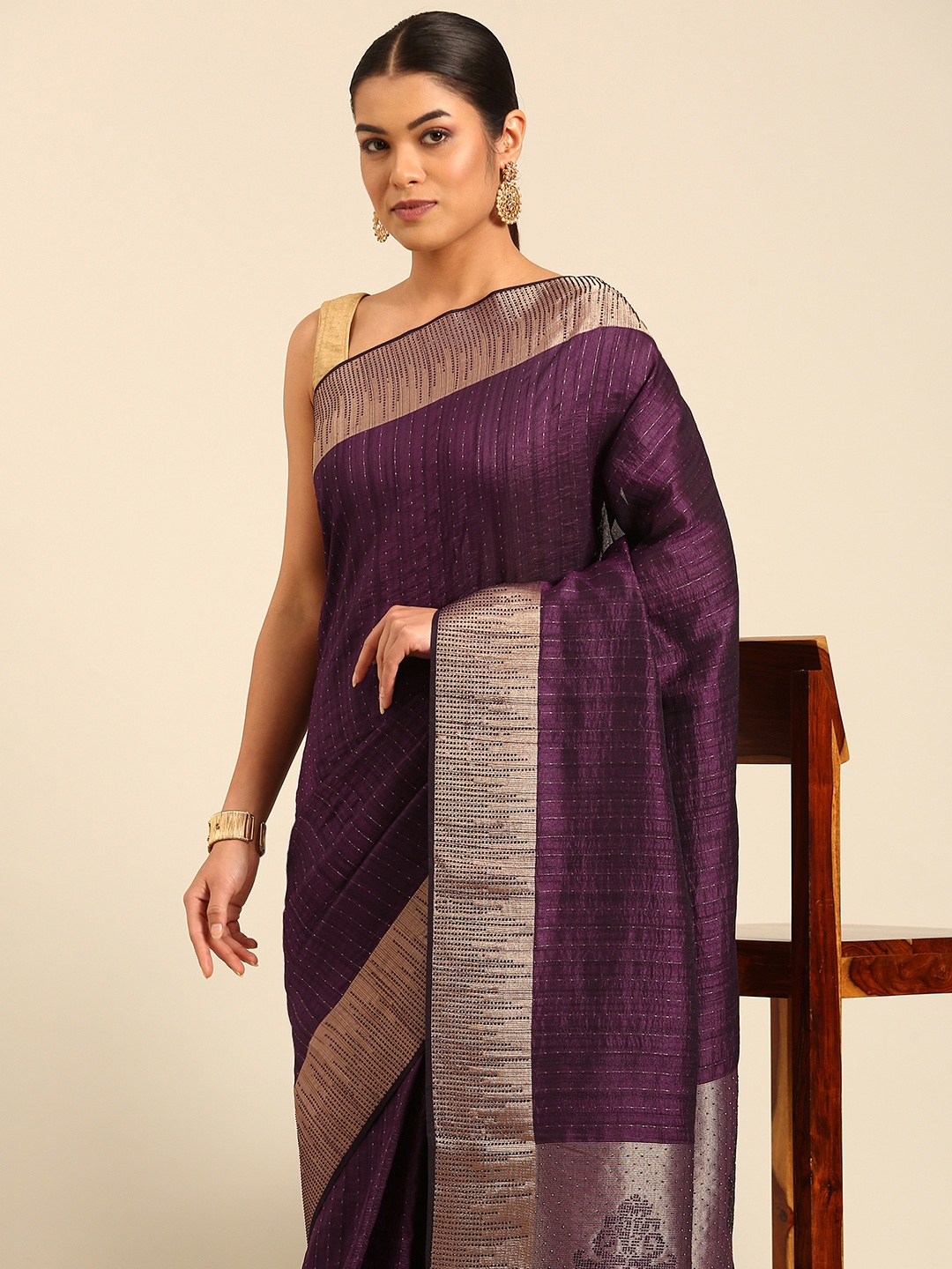 

MOHEY Woven Design Saree With Stone Work Detail, Burgundy