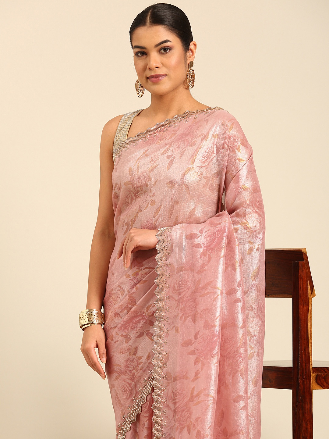 

MOHEY Floral Printed Beads and Stones Embellished Organza Saree, Pink