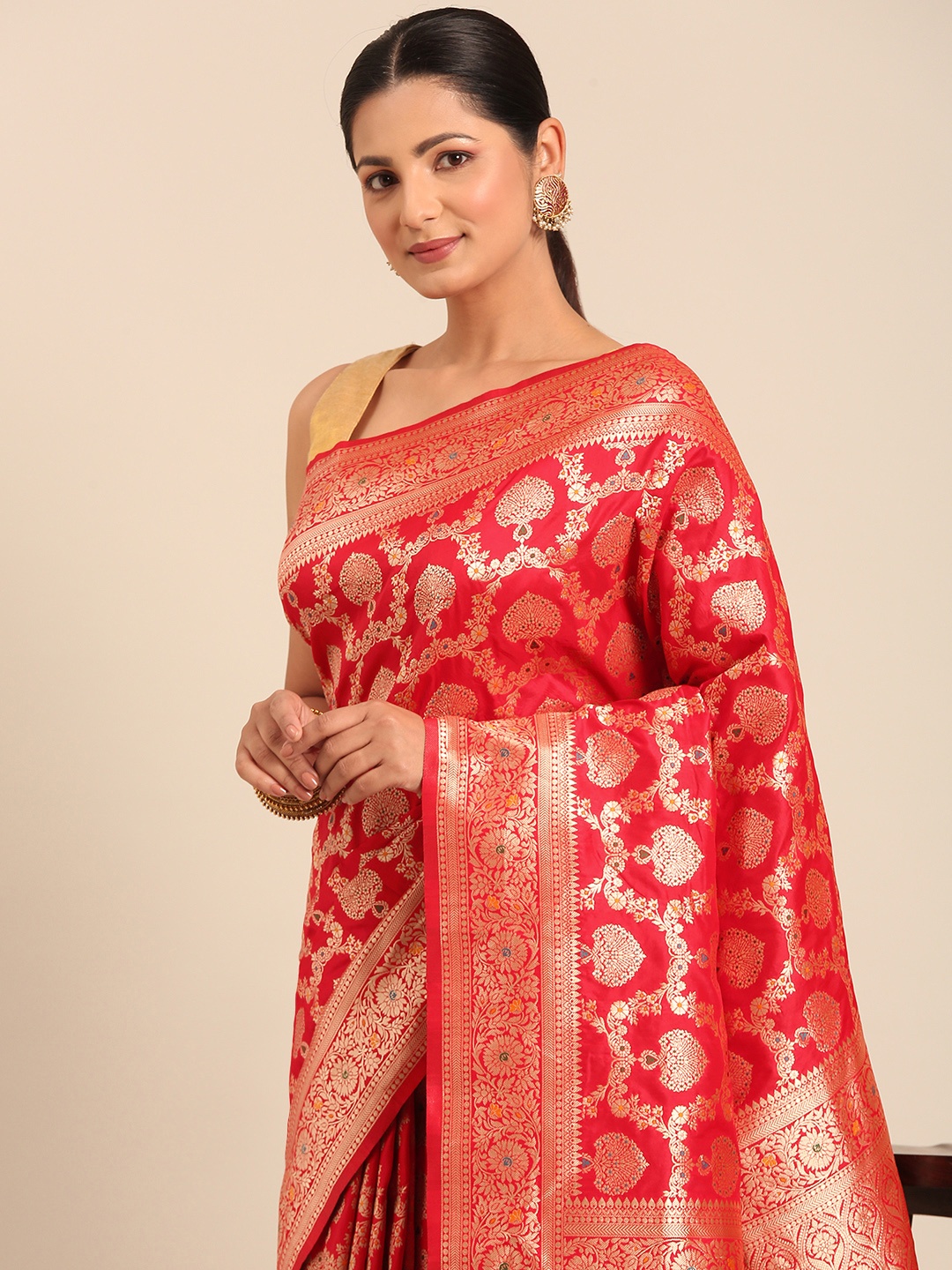 

MOHEY Woven Design Zari Brocade Saree, Red