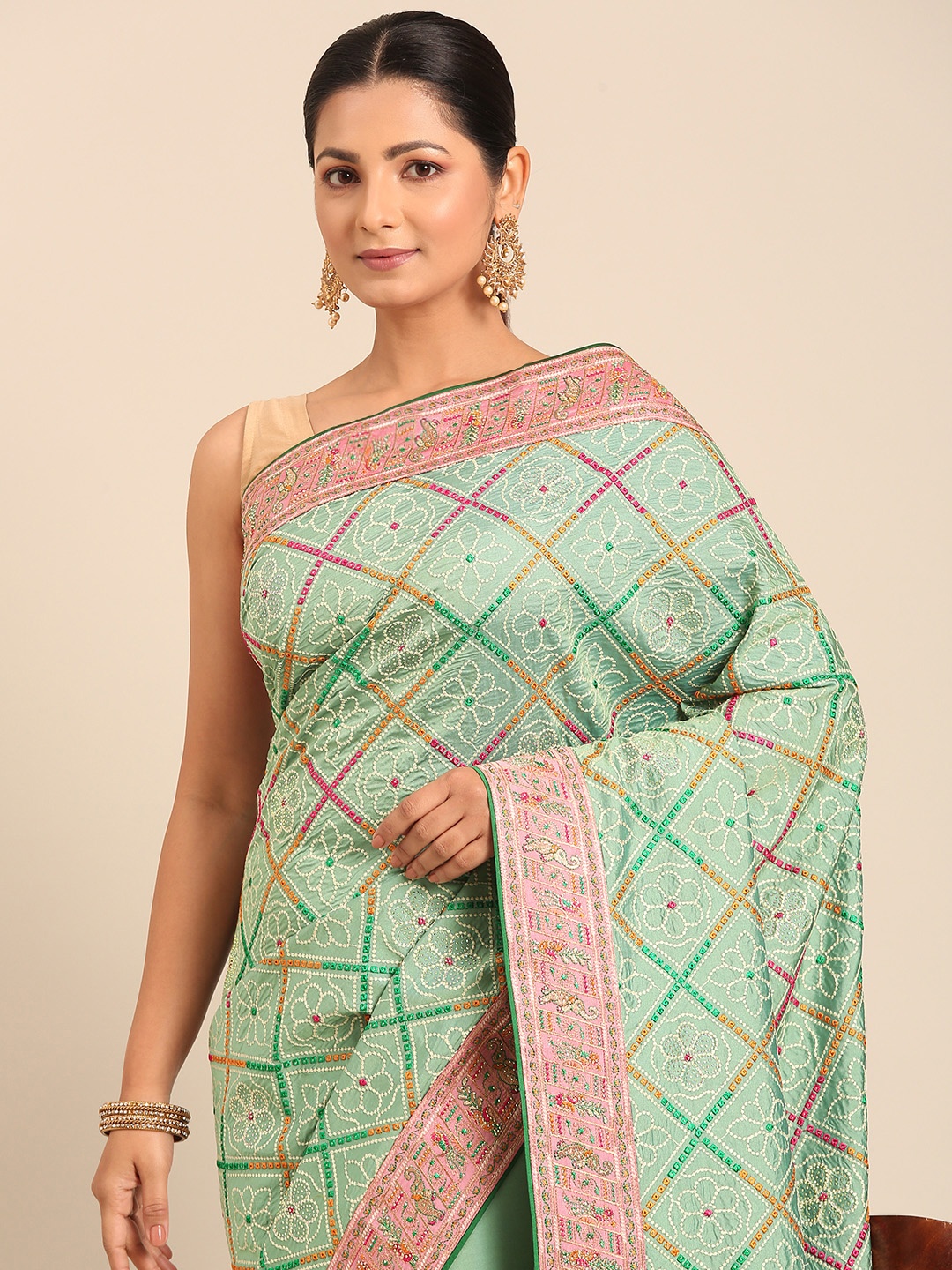 

MOHEY Woven Design Embroidered Saree, Sea green
