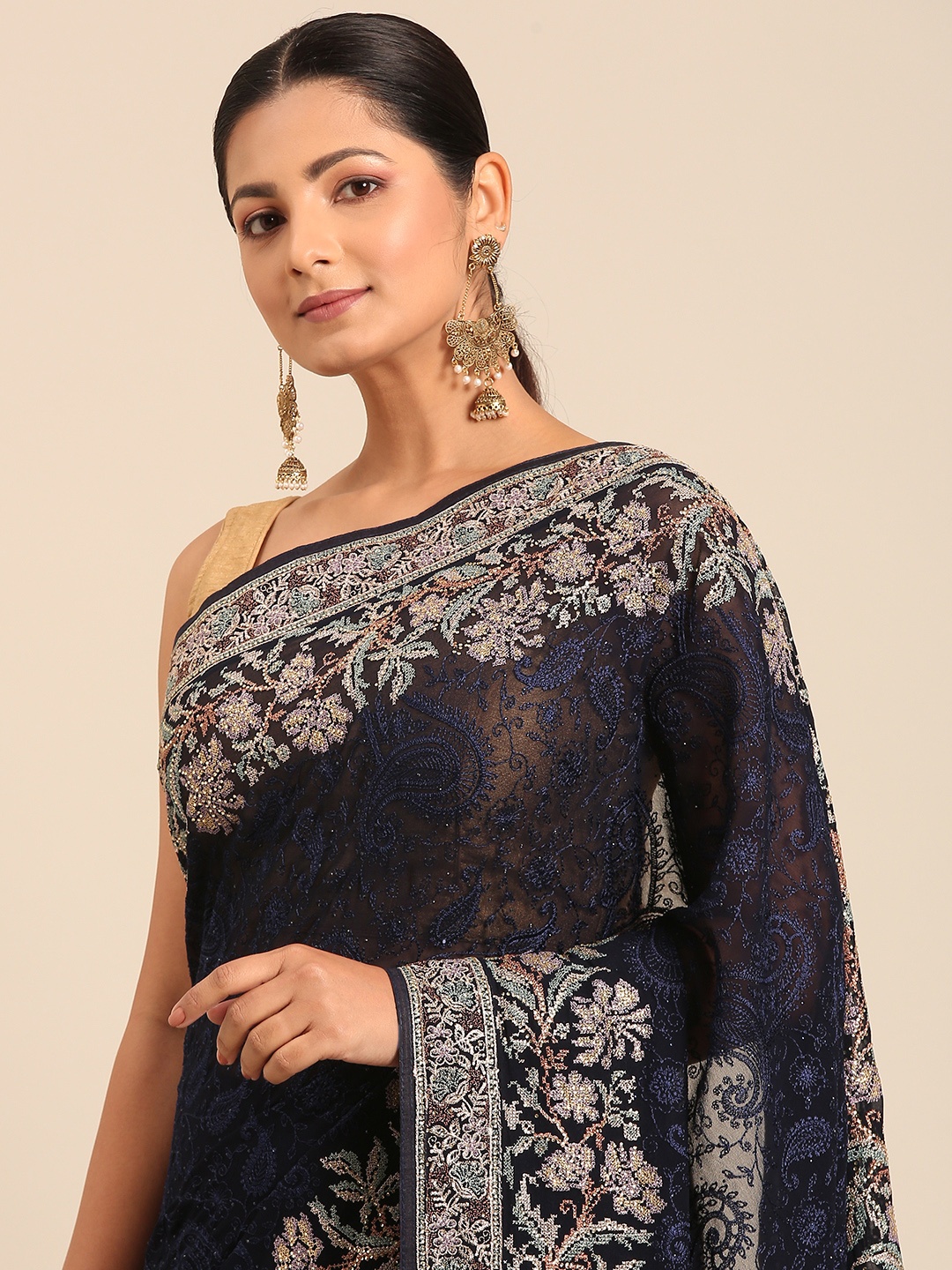 

MOHEY Paisley Embroidered Pure Georgette Saree, Blue