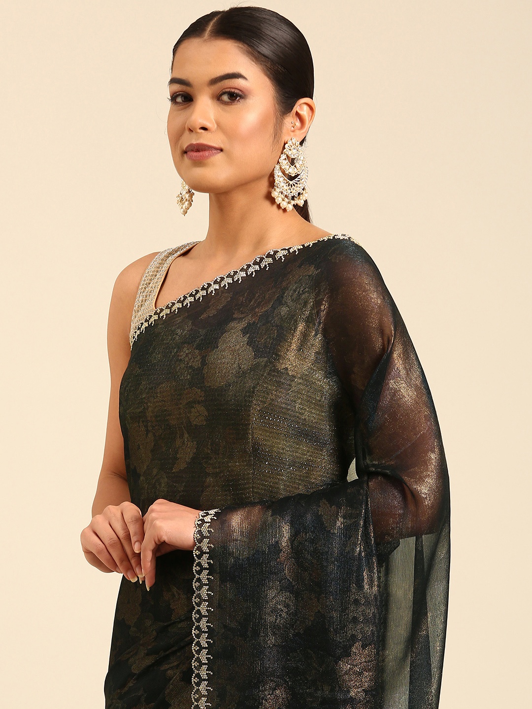 

MOHEY Floral Beads & Stones Pure Georgette Saree, Blue