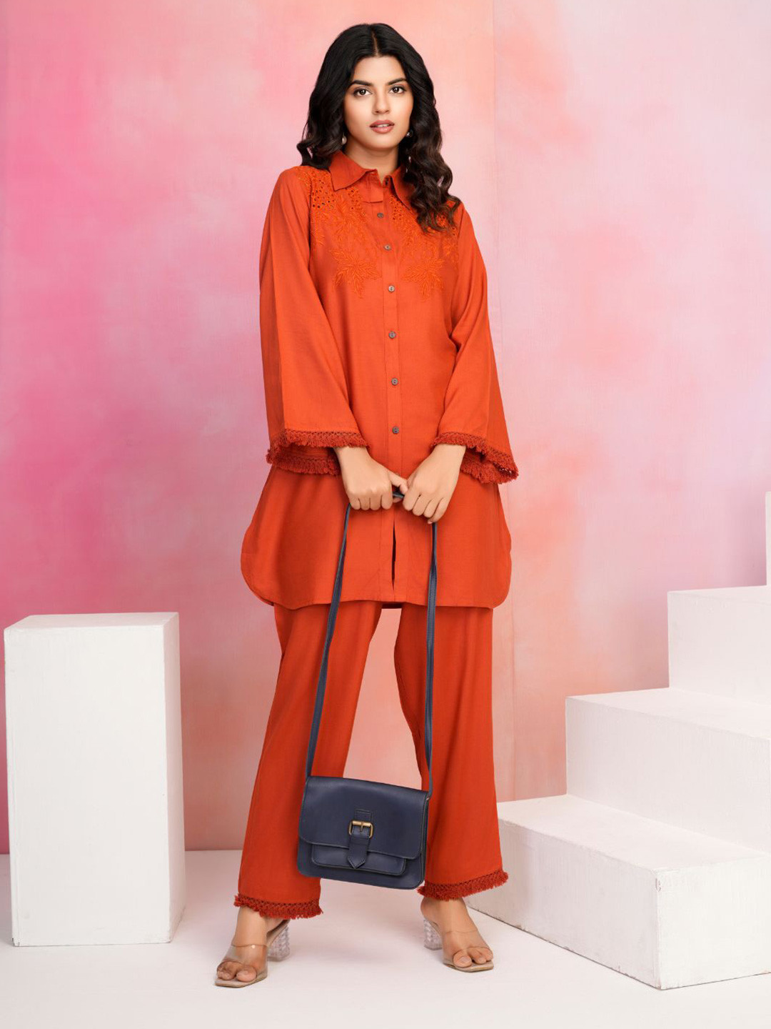 

Kaftanize Tangerine Embroidered Shirt Collar Top With Trousers, Orange