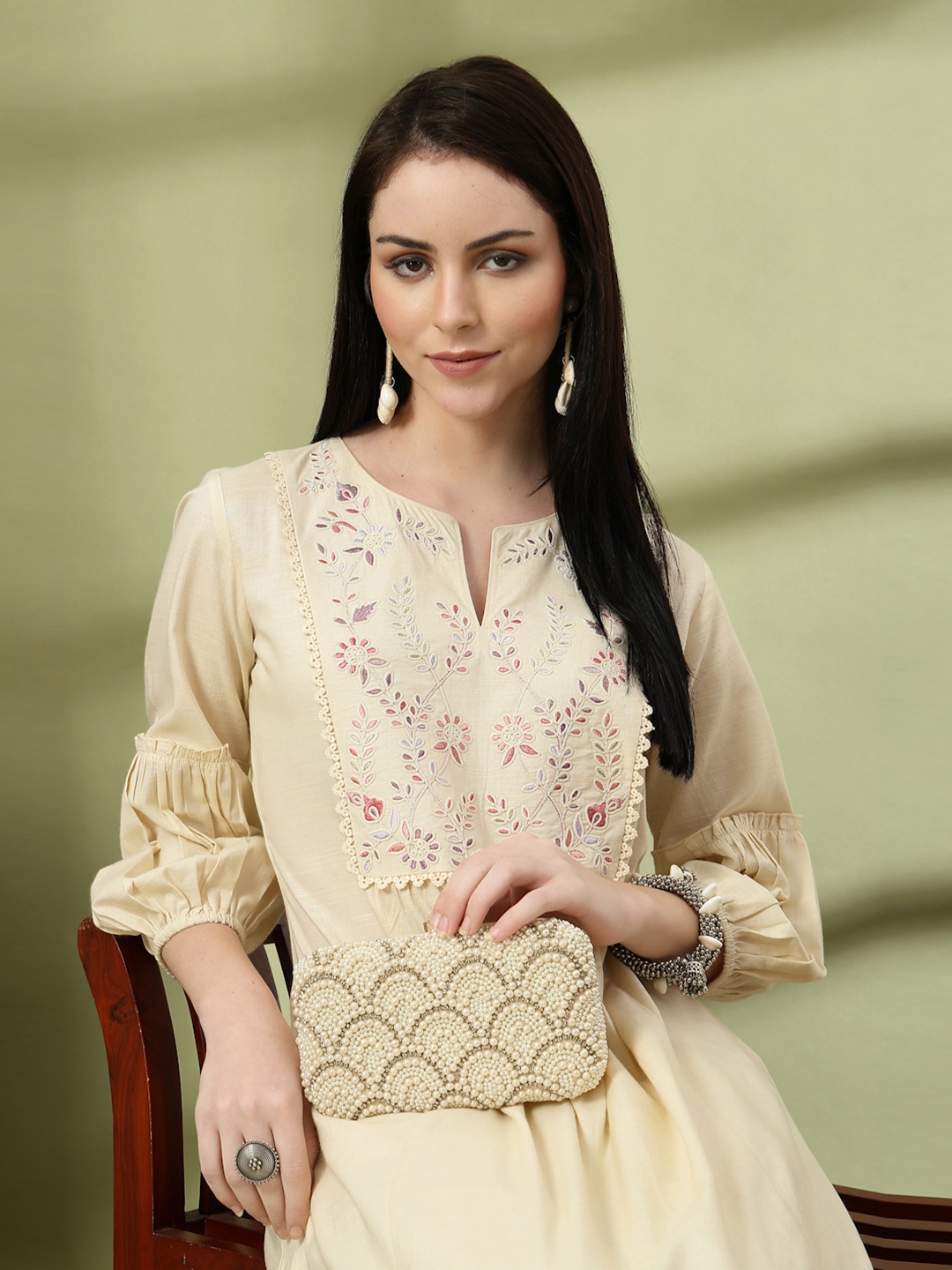 

Nayam By Lakshita Floral Embroidered Sequinned Cotton Linen A-Line Kurta With Palazzo, Beige