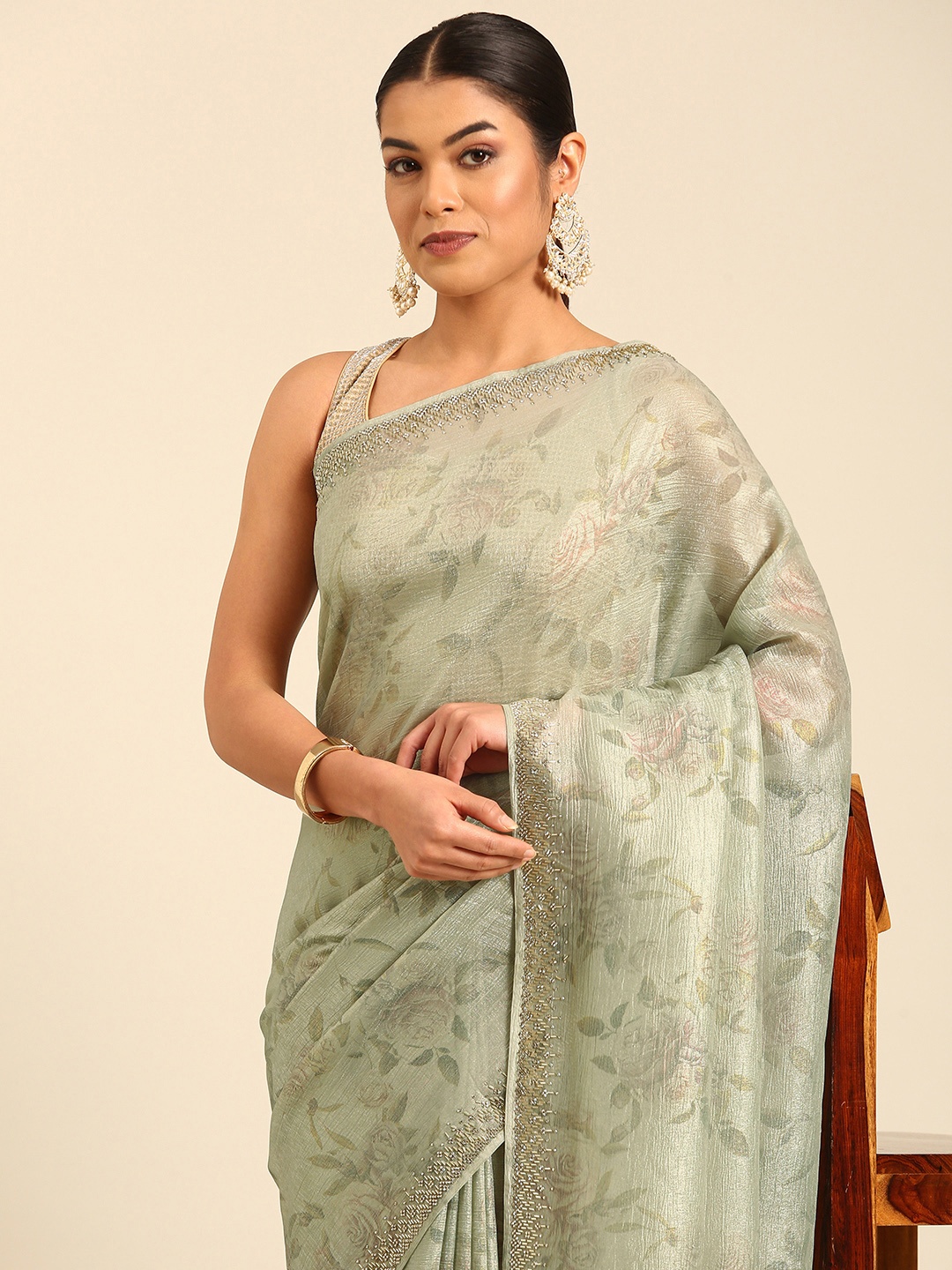 

MOHEY Floral Beads & Stones Organza Saree, Green