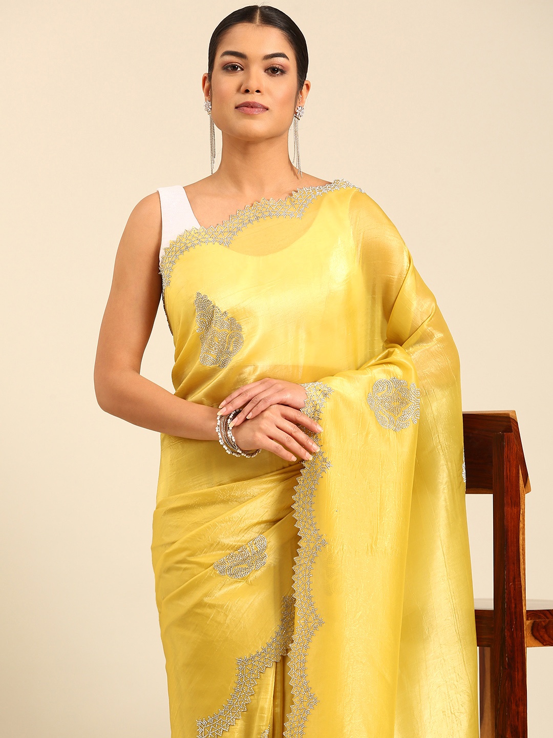 

MOHEY Ethnic Motifs Beads & Stones Satin Saree, Yellow